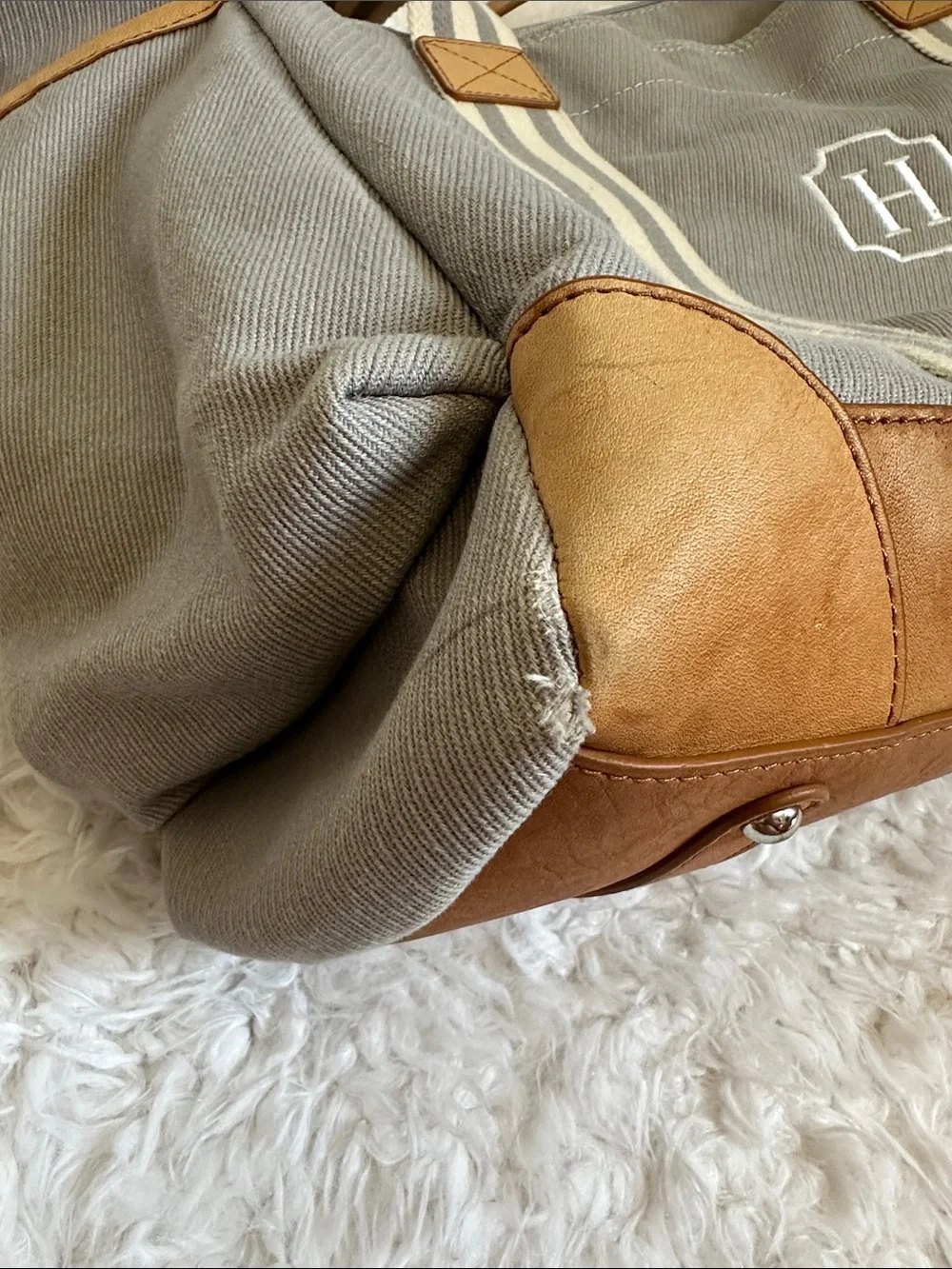 Pottery Barn Kids Monogram Canvas Diaper Bag in Gray with Striped Handles